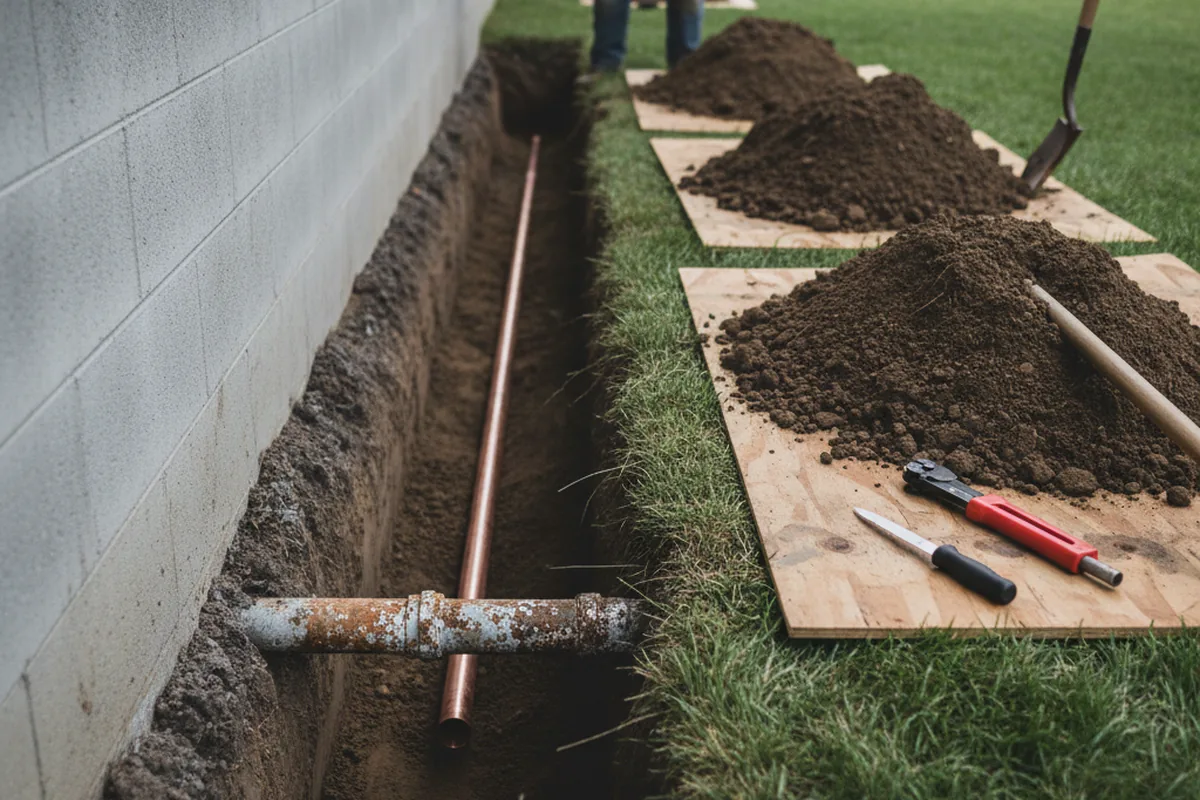 Excavated water line trench during Water Softener Installation in Acme